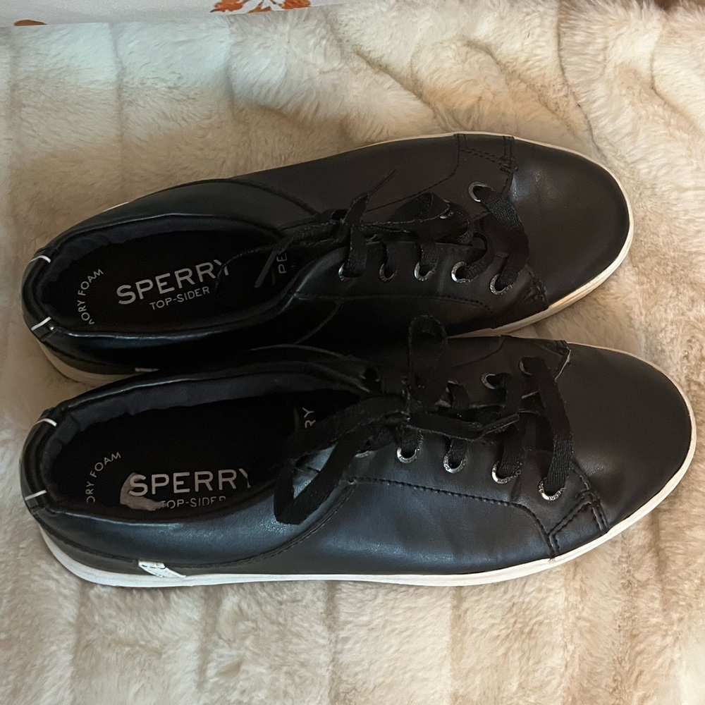 Sperry Womens 7 Smooth Vulcanized Black Leather School Nautical Preppy Sneakers